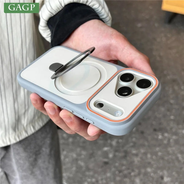 Light matte Trendora iPhone case with ring stand flipped open for hands-free viewing