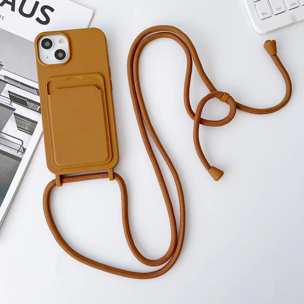 Camel brown Trendora curated crossbody iPhone case with rear card pocket and matching strap.