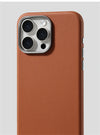 Brown leather-look iPhone case back view showing matte texture and camera protection