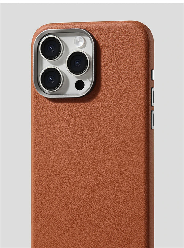 Brown leather-look iPhone case back view showing matte texture and camera protection