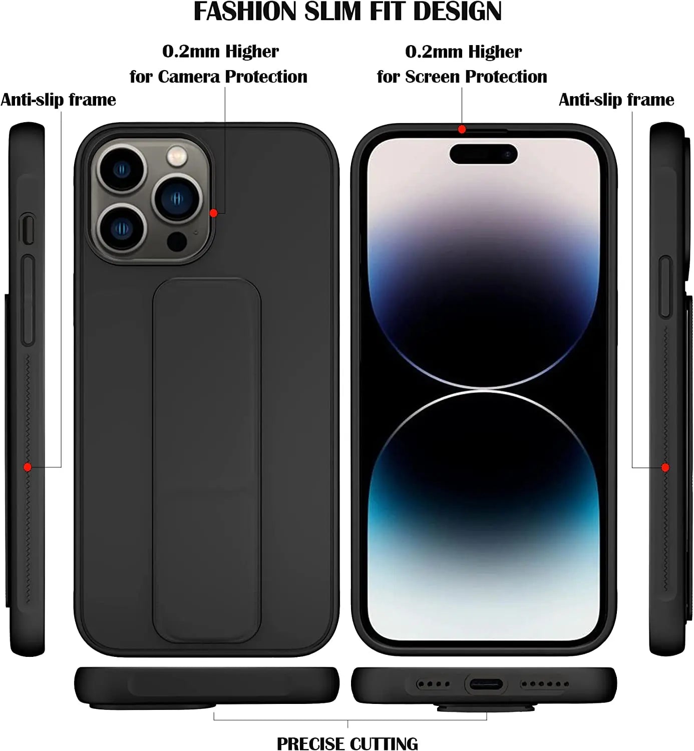 Black magnetic stand iPhone case front and back view with slim profile