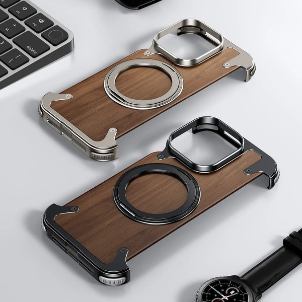 Walnut Wood MagSafe Case For iPhone 15 Pro Max - 360° Ring Stand