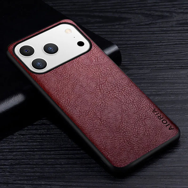 Back view of burgundy leather iPhone case with raised camera opening