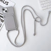 Light gray iPhone case with hands-free strap and slim built-in card compartment.