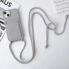 Light gray iPhone case with hands-free strap and slim built-in card compartment.