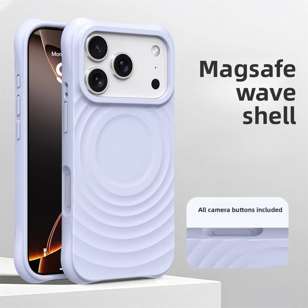 Light lavender wave pattern iPhone case with MagSafe-friendly back and raised camera cutout.