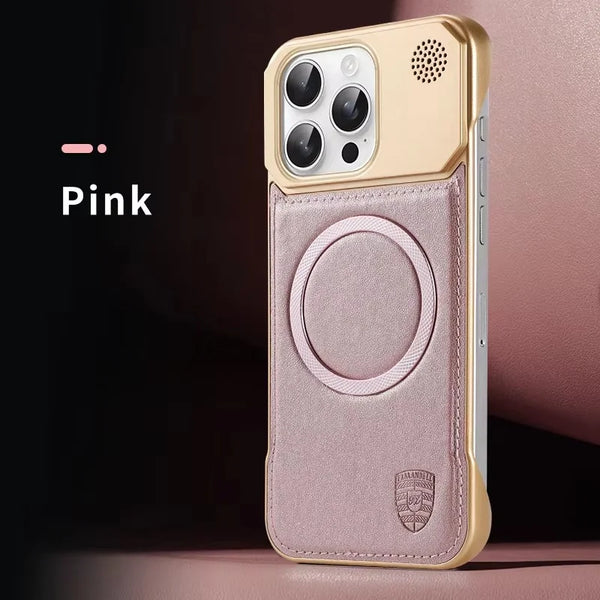 Pink leather iPhone case with centered magnetic ring and soft retro look