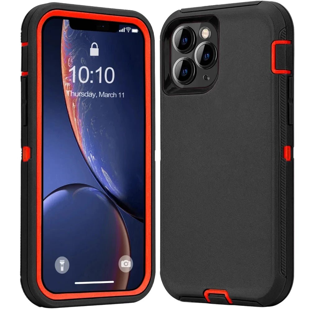 Black and red heavy duty iPhone case showing front and back protection