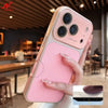 Pink litchi leather armor iPhone case with raised camera area held in hand