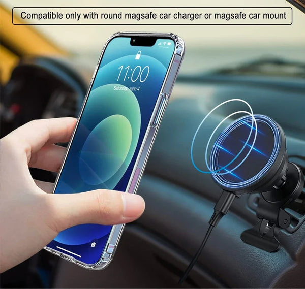 Transparent iPhone case compatible with round MagSafe car charger and mount