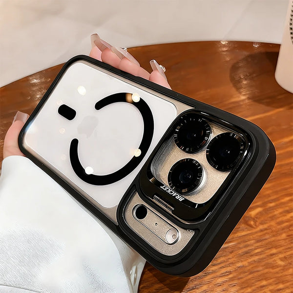 Black matte translucent iPhone case with raised camera bracket and clear magnetic center layout.