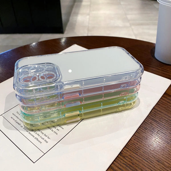Stack of transparent iPhone cases in multiple pastel colorways
