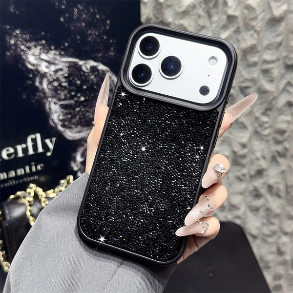 Black rhinestone glitter bumper case on iPhone 17 Pro showing sparkly back and raised camera frame