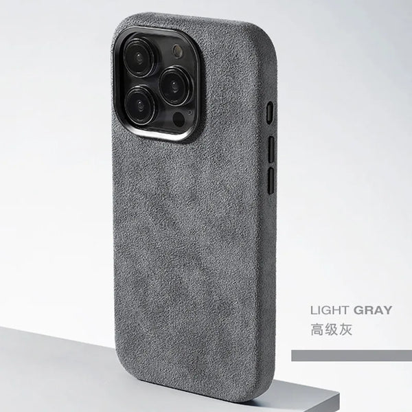 Light gray suede-style iPhone case showing slim shockproof profile and side button cutouts