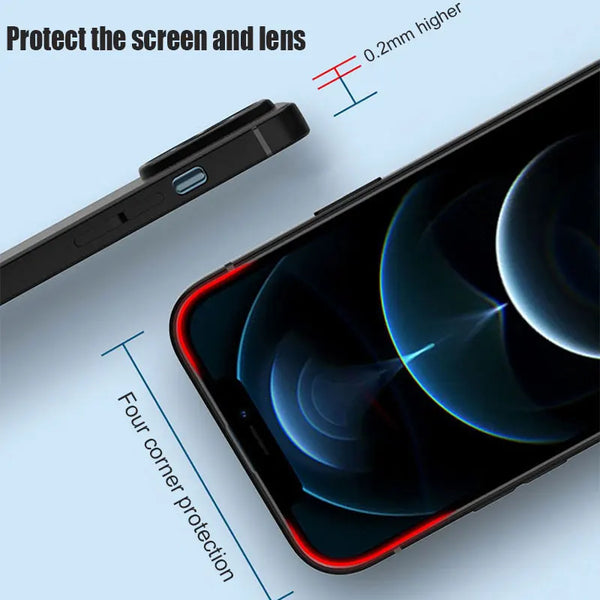 Close view of the matte black iPhone case showing raised screen and lens edge protection.