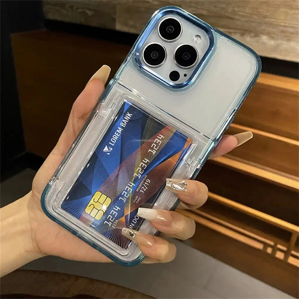 Blue transparent wallet iPhone case with built-in card storage and clear finish