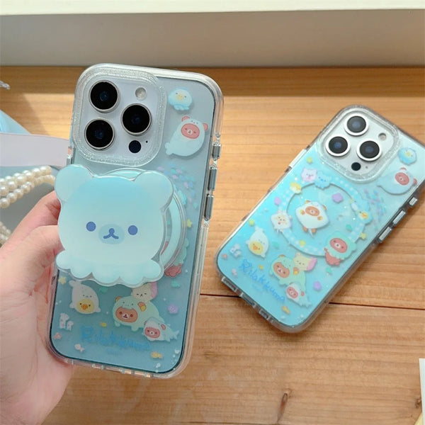 Two clear pastel bear MagSafe stand cases shown side by side on a desk