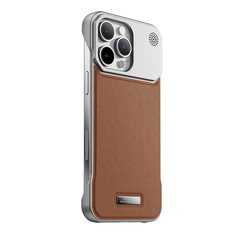 Brown magnetic leather iPhone case shown on the back with centered ring and raised camera area