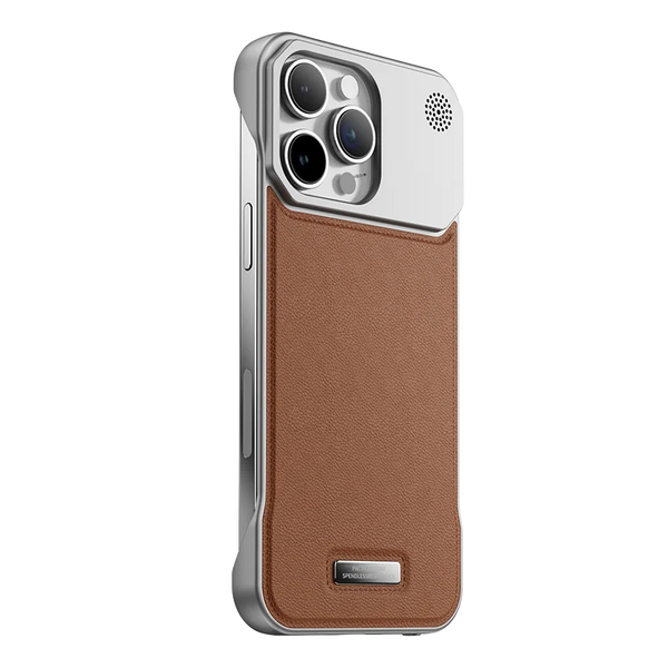 Brown magnetic leather iPhone case shown on the back with centered ring and raised camera area