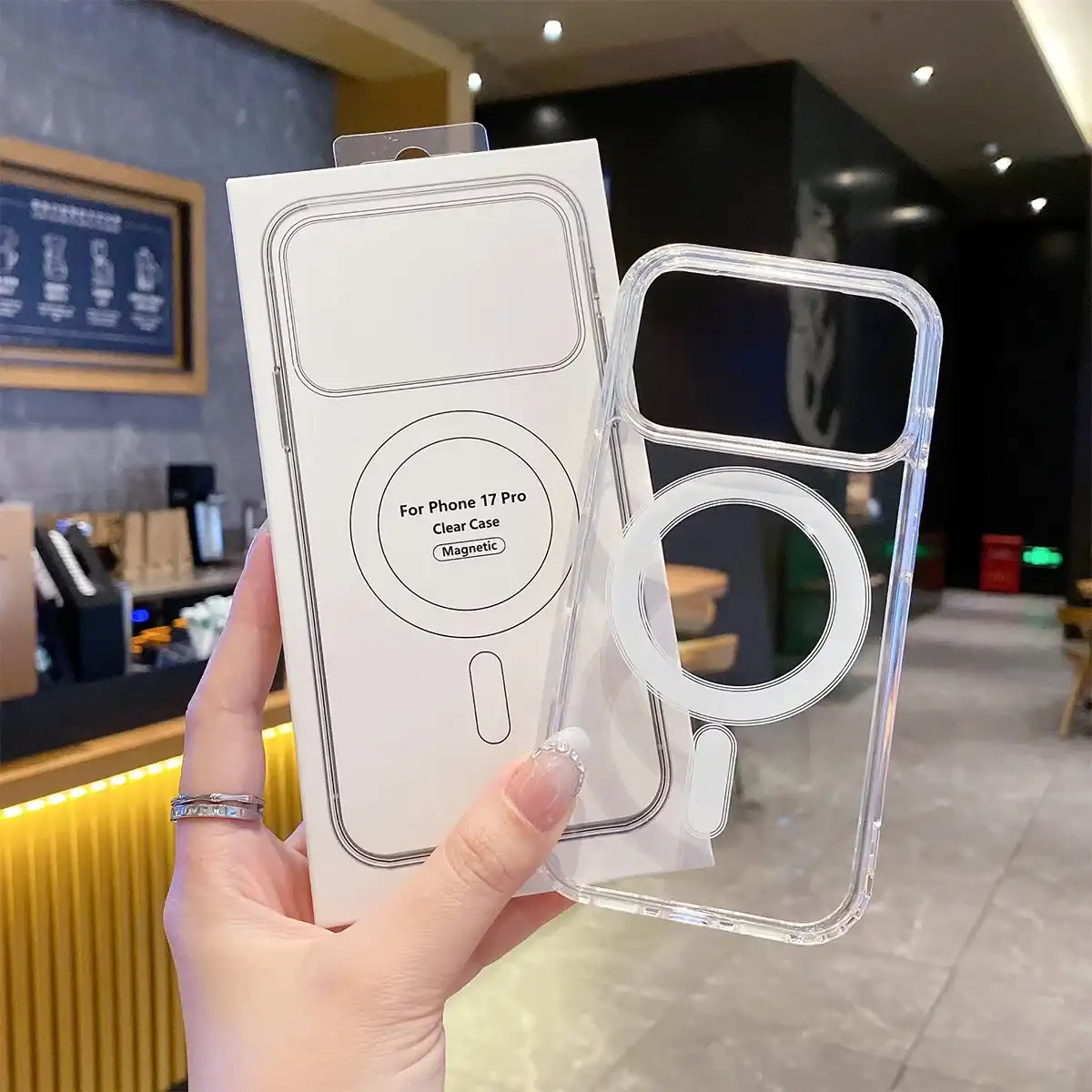 Transparent MagSafe iPhone case shown with clear magnetic finish and packaging