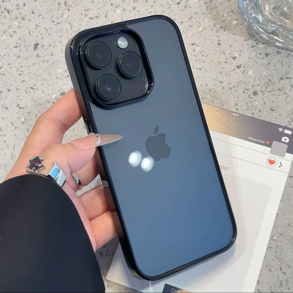 Black iPhone in a clear glossy case with raised pastel bumper protection