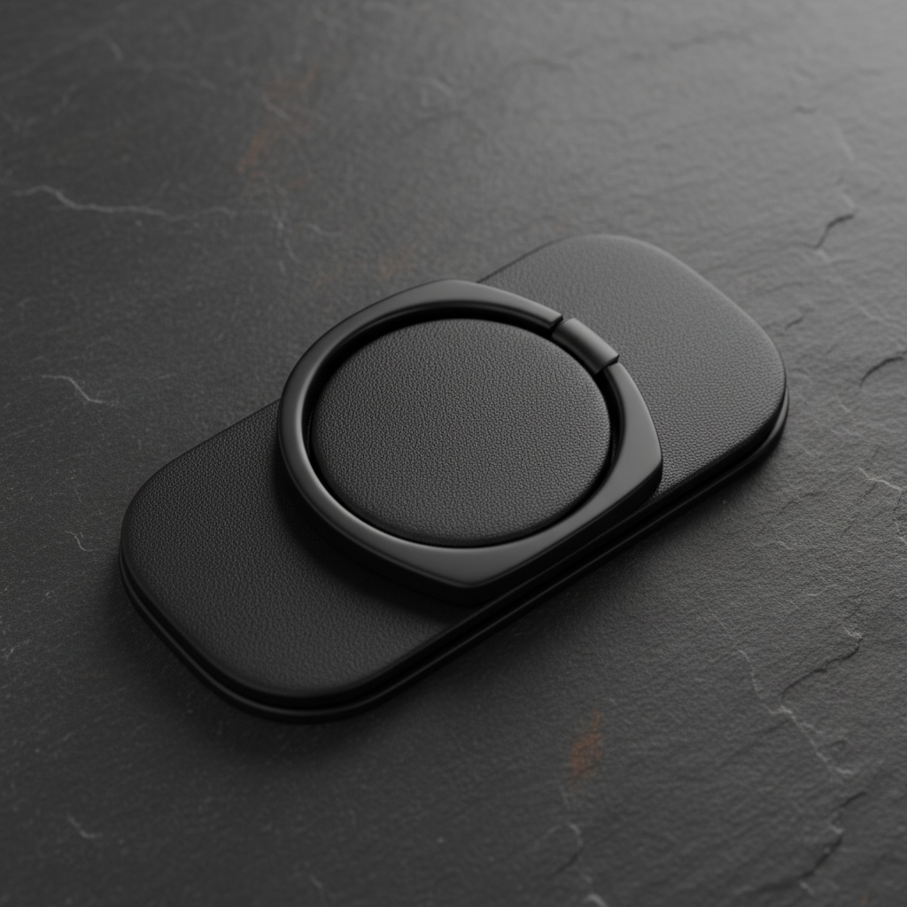 Matte black ring grip holder for men on dark slate background
