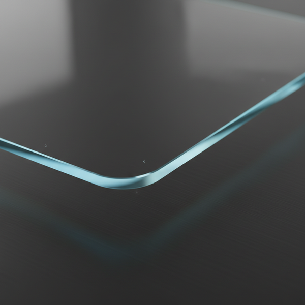 Macro close-up of tempered glass screen protector edge showing 0.3mm thickness