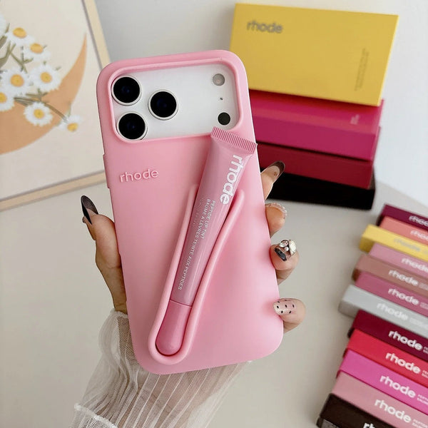 Pink case with built-in gloss tube and clicky back holder.