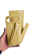 Trendora light gray matte silicone iPhone case with built-in lip gloss holder, raised camera bumper, and lanyard loop.