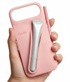 Trendora light gray matte silicone iPhone case with built-in lip gloss holder and raised camera bumper.