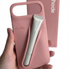 Trendora light gray matte silicone iPhone case with built-in lip gloss holder, raised camera bumper, and box.