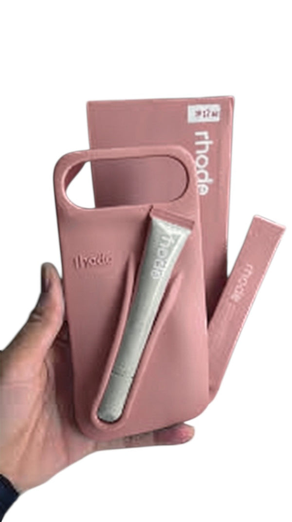 Trendora light gray matte silicone iPhone case with built-in lip gloss holder, raised camera bumper, and box.
