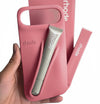 Trendora light gray matte silicone iPhone case with built-in lip gloss holder, raised camera bumper, and sleek design.