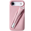 Trendora light gray matte silicone iPhone case with built-in holder for lip gloss and raised camera protection.
