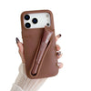 Trendora brown matte silicone iPhone case with built-in holder for Rhode lip gloss and raised camera protection.