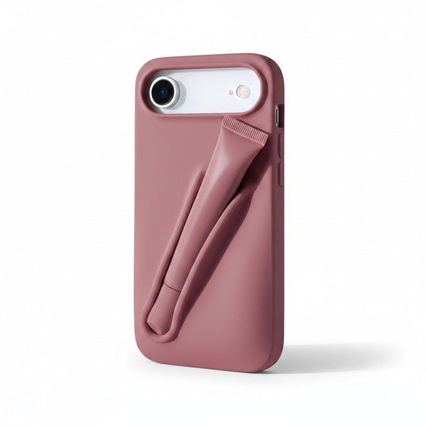 Trendora dusty rose matte silicone iPhone case with built-in holder for lip gloss and raised camera protection.
