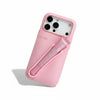 Trendora pink matte silicone iPhone case with built-in holder for Rhode lip gloss and raised camera protection.