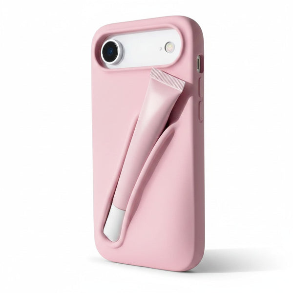 Trendora pastel pink matte silicone iPhone case with built-in holder for lip gloss and raised camera protection.